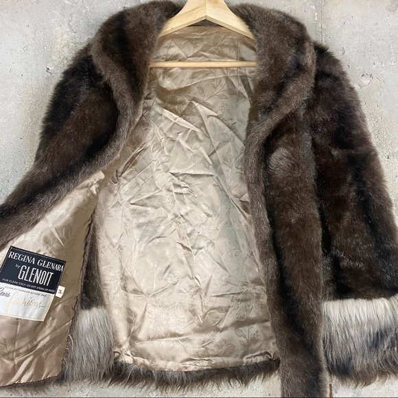 Vintage 60s Regina Glenara faux fur brown greige stole cape one size POCKETS - Picture 4 of 8